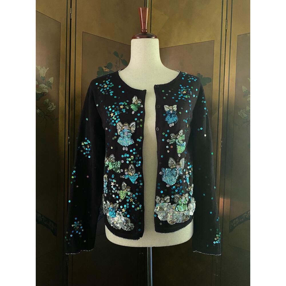 Black cotton cardigan with blue festive sequins, size S
